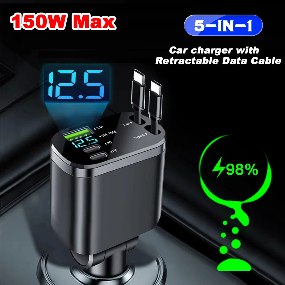 5 IN 1 Retractable Car Charger USB