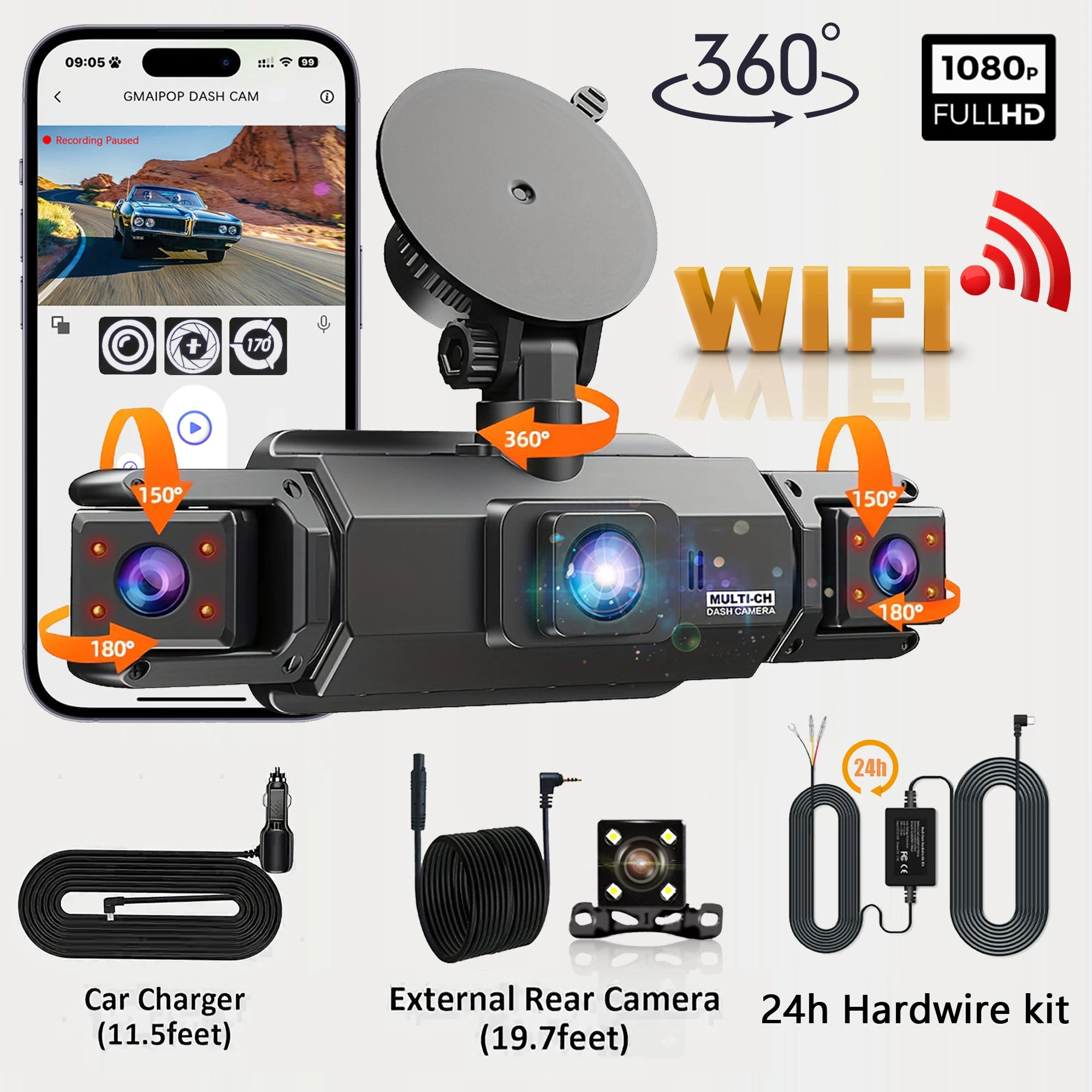 Dashcam für Autos, 4-Kanal-Blackbox, WiFi-Fahrkamera