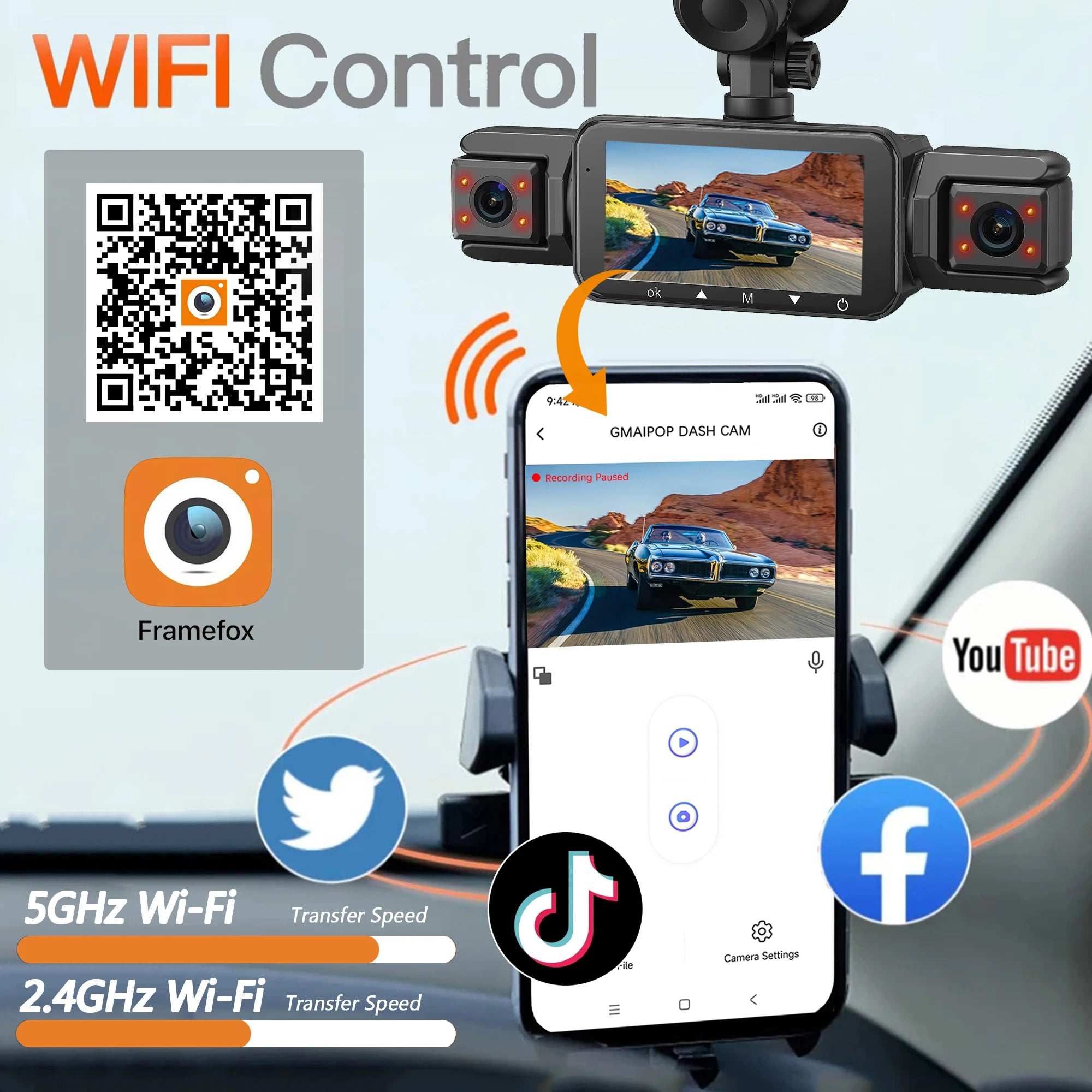 Dashcam für Autos, 4-Kanal-Blackbox, WiFi-Fahrkamera
