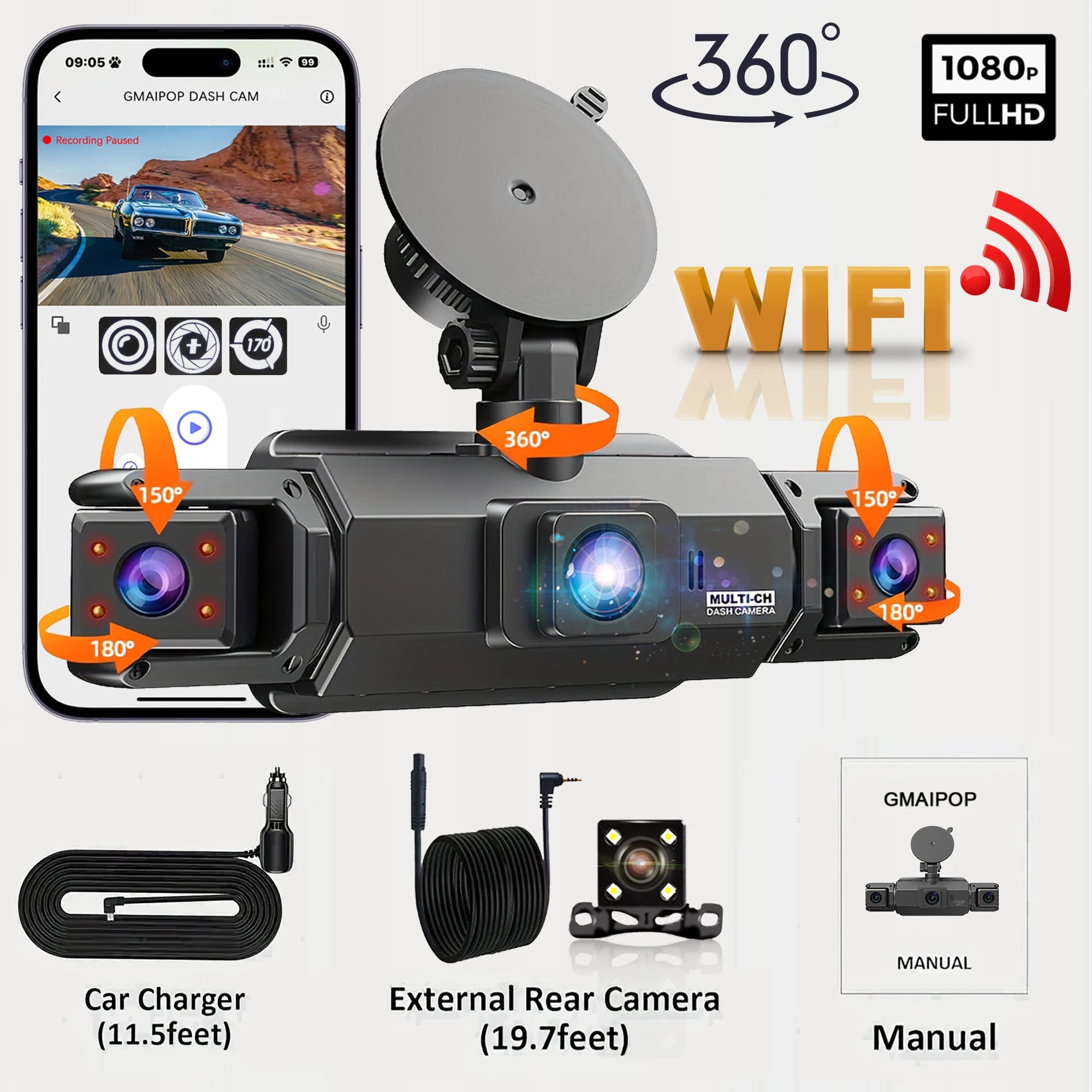 Dashcam für Autos, 4-Kanal-Blackbox, WiFi-Fahrkamera