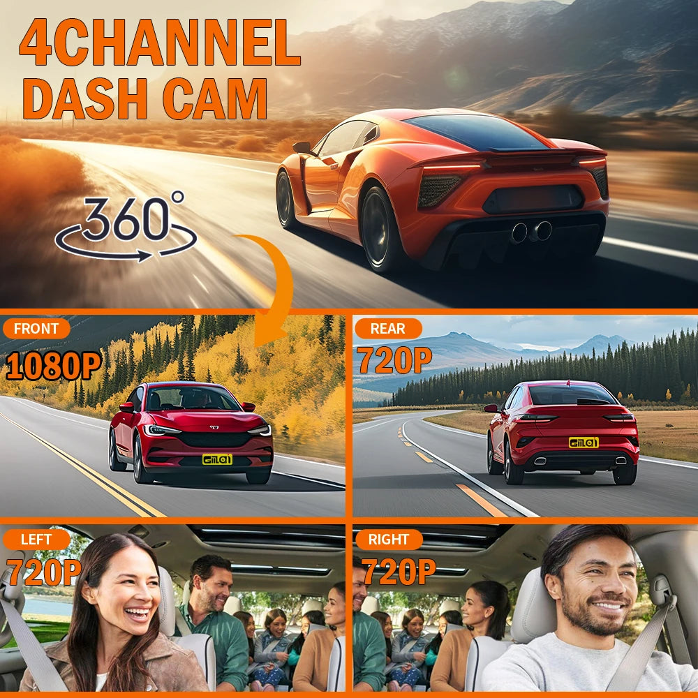 Dashcam für Autos, 4-Kanal-Blackbox, WiFi-Fahrkamera