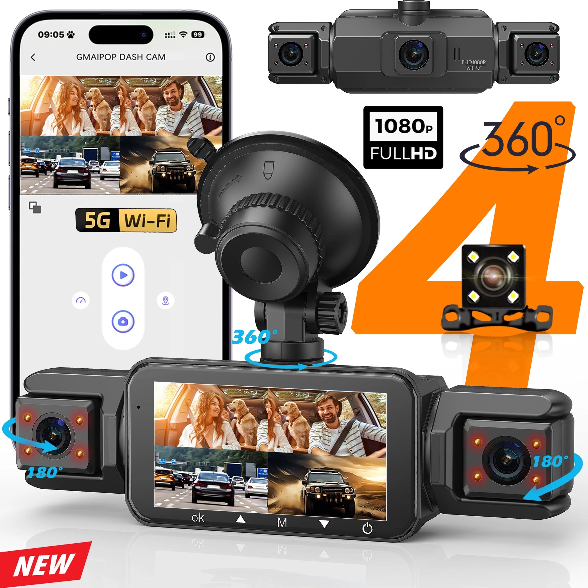 Dashcam für Autos, 4-Kanal-Blackbox, WiFi-Fahrkamera